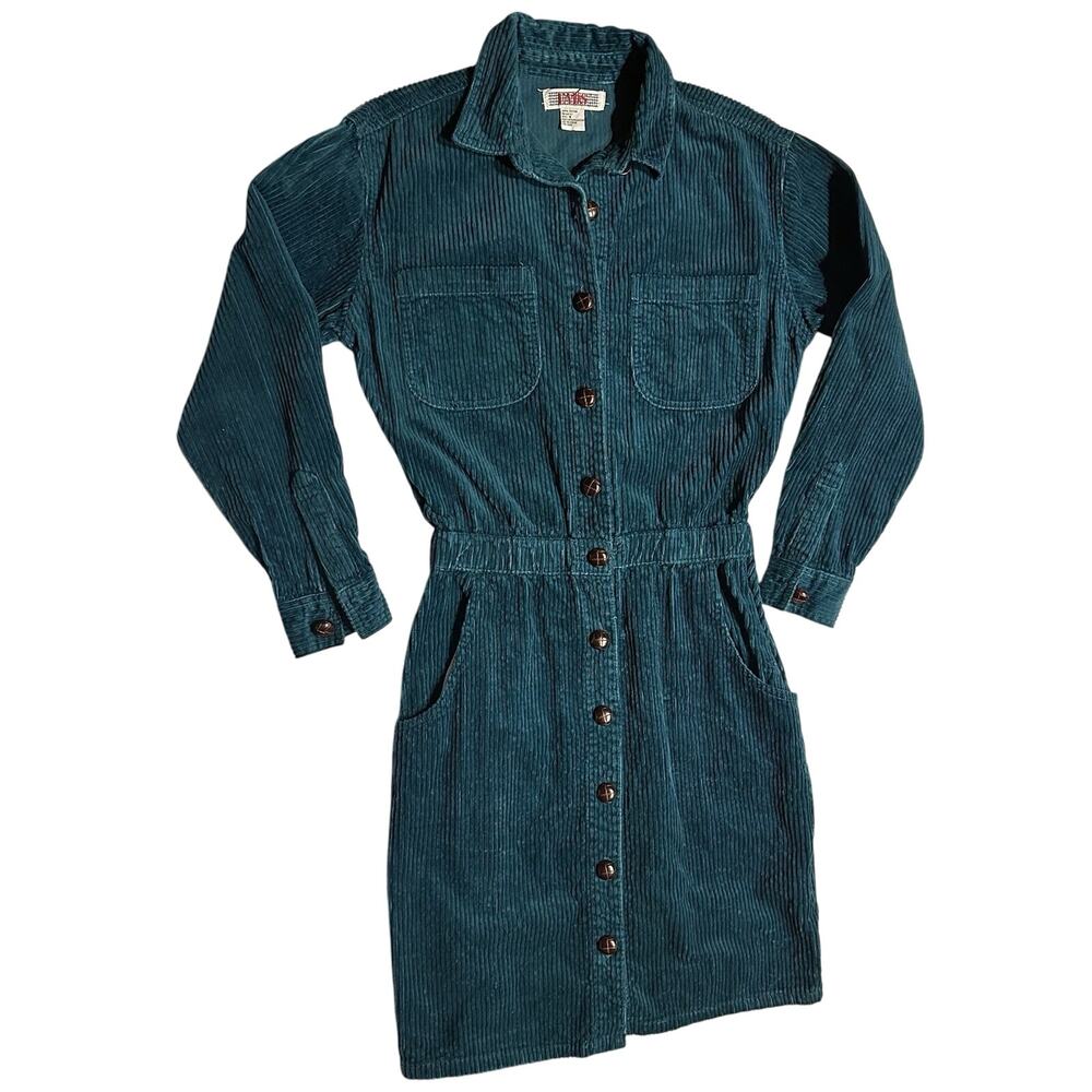 FADS Corduroy Dress Womens Small Teal Boho Corduroy Vintage Pocket Long Sleeve